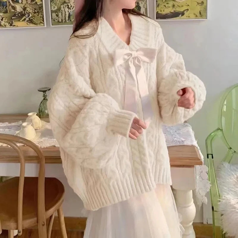 Hnewly  Bow Tie V-Neck Sweater Women Twist Loose Lazy Pink Lantern Sleeve Knitted Pullover Solid Fashion Pretty Style Female  Jumpers
