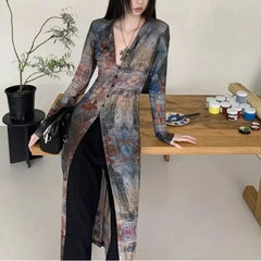 Hnewly  American Retro Printing Gauze Lolita Summer New Patchwork V-neck Button Fashion Slim All-match Long Sleeved Chiffon Jacket