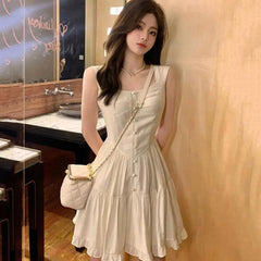Hnewly DRESS TO IMPRESS Women Beige Dress Sexy Sweet Elegant Backless Ruffle Edge Mini Skirt Fashion Square Collar Lady Pleated Short Dresses Summer