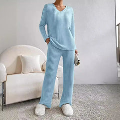Hnewly  Women's Straight Leg Pants Set Knitted Long Sve Casual Sle Autumn Collection Pure Color Two-Piece Suit Workwear orm
