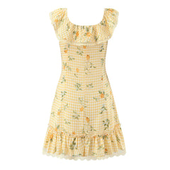 Lunivop  Vintage Yellow Plaid Floral Print Ruffles Strap Sleeveless Dress Women Slim Waist Wood ears Hem A-lined Short Tank Vestidos Robe