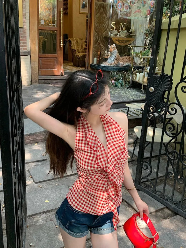 Hnewly  Camis Women Plaid Sleeveless Halter Ruffles Bandage Backless Slim Vintage Sweet Casual Sexy Tank Tops Female Summer
