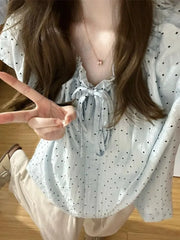 Hnewly  Women Blouse Bow Bandage Polka Dot Short Sleeve Sweet Loose Summer Fashion Shirts French Style Chic Female Tops Casual
