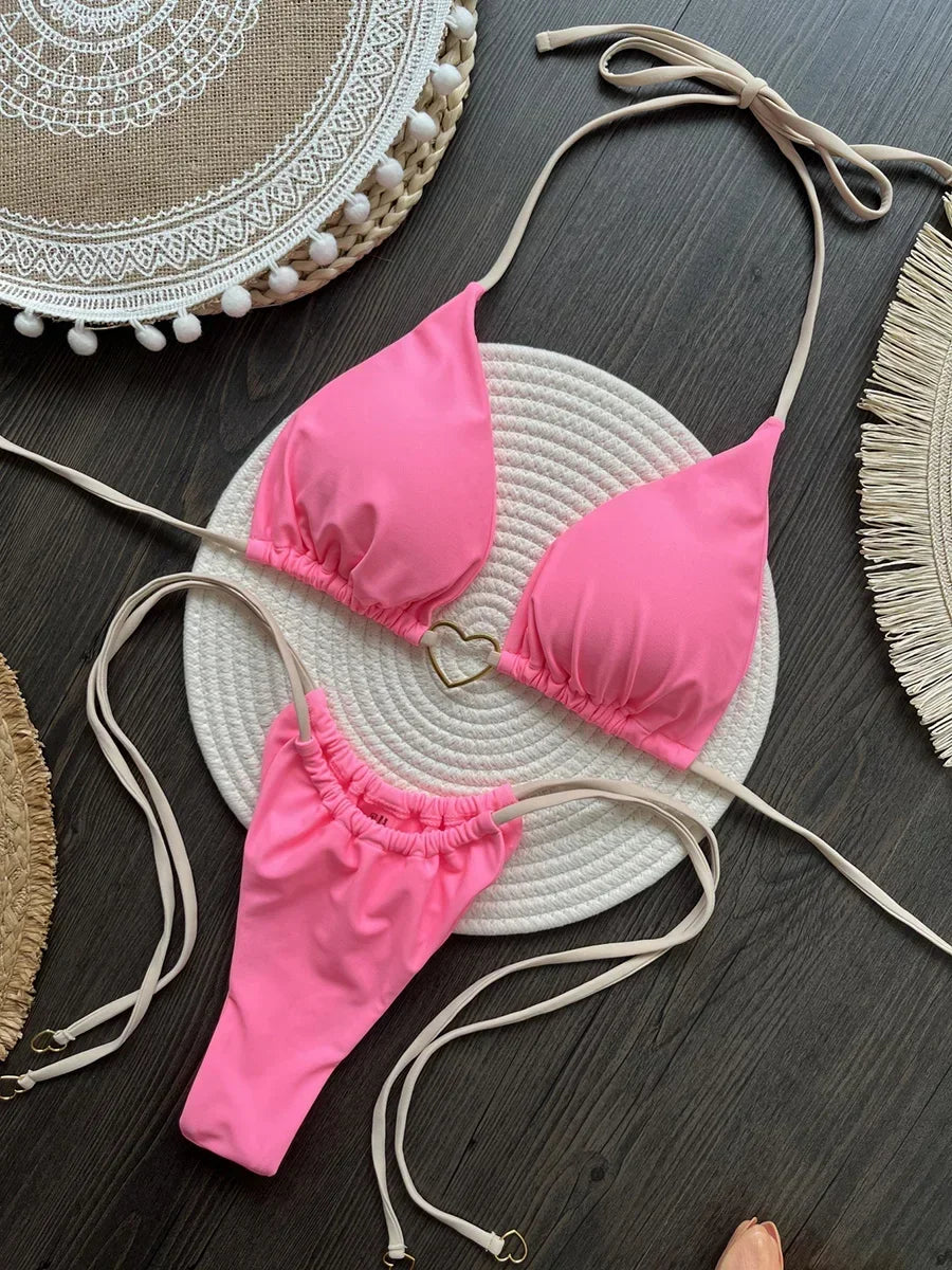 Hnewly  Metal Heart-shaped Halter Brazilian Bikini Female Swimsuit Women Thong Swimwear Two-pieces Bikini Set Bather Bathing Suit Swim