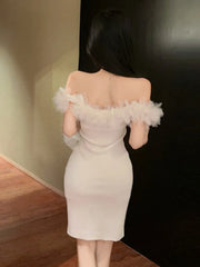 Hnewly  Woman Dress Petal Patchwork Off Shoulder Slim Stretch Backless Sweet Sexy Elegant Knitted Dresses Female Fashion Party