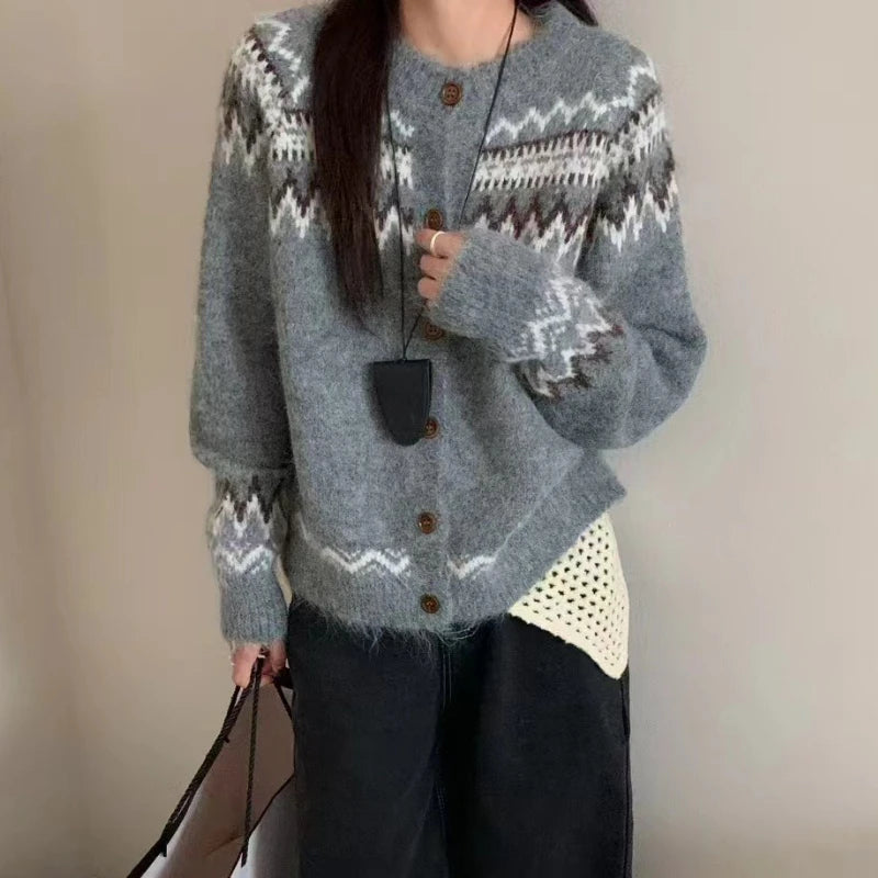 Hnewly  Fair Isle Sweater Cardigan Women Long Sleeve Button-Up Crewneck Knitted Jacket Cardi Female Knitwear Fall Winter Vintage Outfit