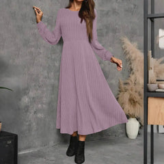 Hnewly  Fashion Round Neck Long Sleeve Solid Colour Casual Maxi Dress for Female Simple Daily Versatile High Waist Comfy Dress