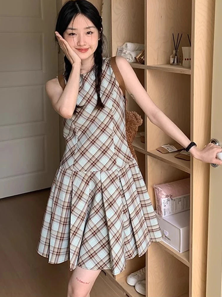 Hnewly Cute Casual Plaid Dress Women Sweet Japan Preppy Style Mini Dress Vintage Slim Female O Neck Sleeveless Kawaii Vestidos New