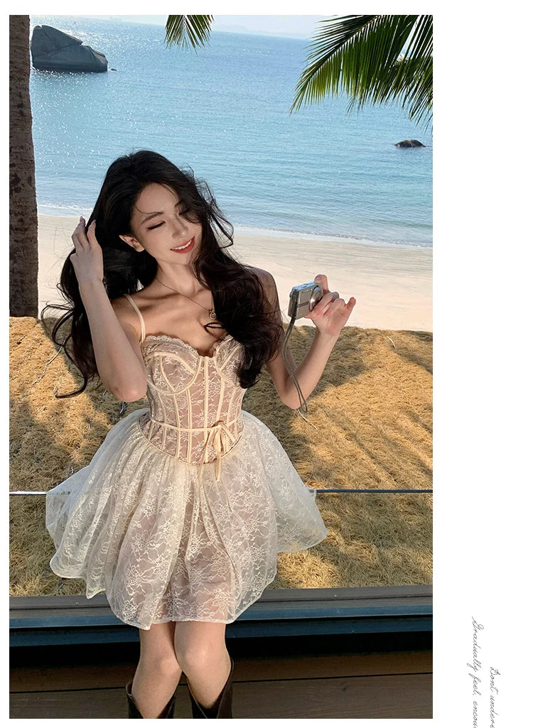Hnewly New Summer Elegant Lace Sling Slim Mini Party Dress For Women Sexy Backless Boho Vacation Short Pleated Dresses
