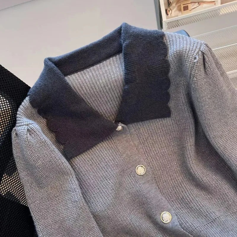 Hnewly  Women's Spring Autumn Sweater New Elegant Grey Lapel Long Sleeve Single Breasted Slim Fashion All-Match Short Coat