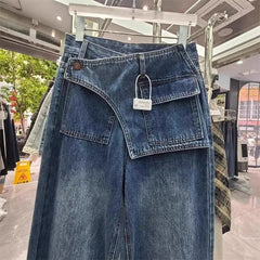 Hnewly  Korean Style Fashion Vintage Washed Denim Pants High Waist Irregular Jeans for Women Loose All-match Wide Leg Trousers