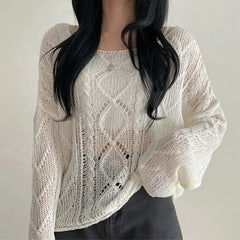 Hnewly  Long Sleeve Crochet Top Cable Knit Summer Beach Bikini Cover Up Crop Pullover Openwork Blouse Women Vacation Boho Outfit