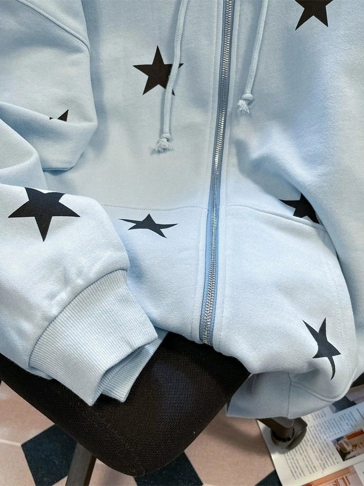 Hnewly Stars Print Hoodies Women Vintage Streetwear Long Sleeve Loos Blue Sweatshirts Casual Pockets Lace Up American Fall Tops