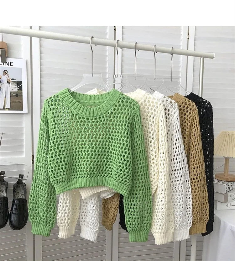 Hnewly Hollow Sun Protection Shirt Women's Summer Loose Pullover O-Neck Puff Long Sleeve Air Conditioning Knitwear Korean Retro Top