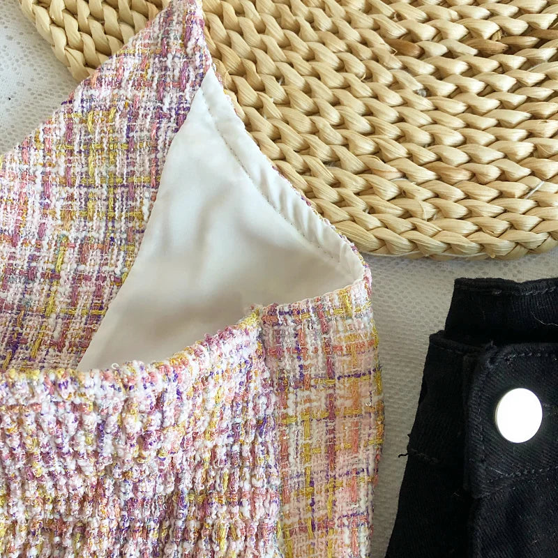 Hnewly  Retro Tweed Vest Elegant Off Shoulder Strapless Slim Irregular Short Top Women's Spring Summer Single Breasted Sleeveless Tank