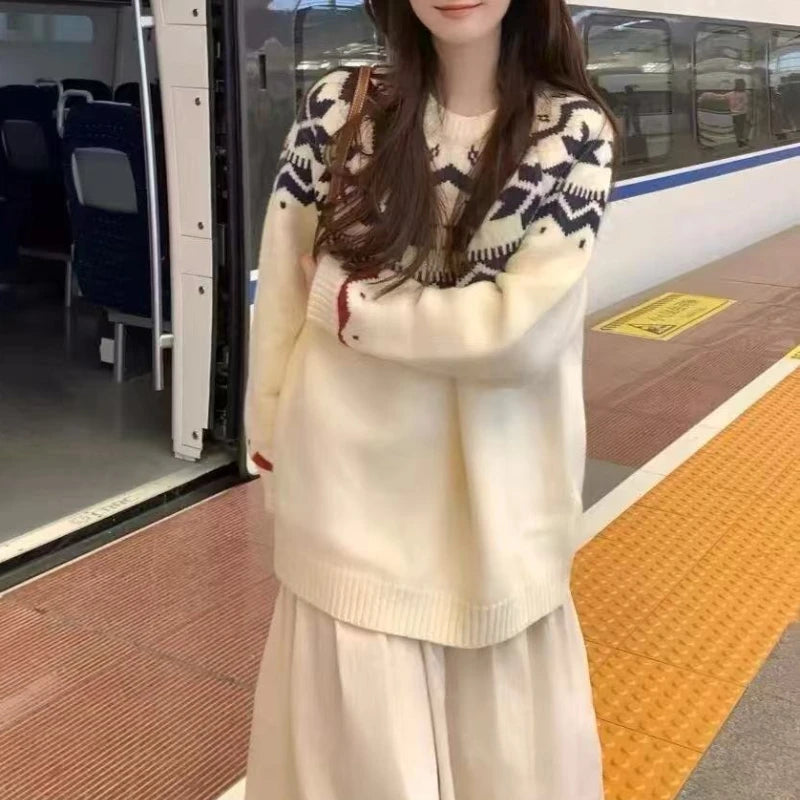 Hnewly  Fair Isle Sweater for Women Cozy Loose Long Sleeve Crew Neck Knit Pullovers Christmas Sweater Autumn Winter Vintage Outfit