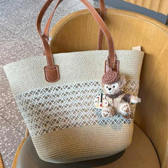 Hnewly  Beige Simple Hollow Out Tote Bag Women Straw Woven Large Capacity Shoulder Bag Ladies Fashion Casual Beach Vacation Tote Bag New