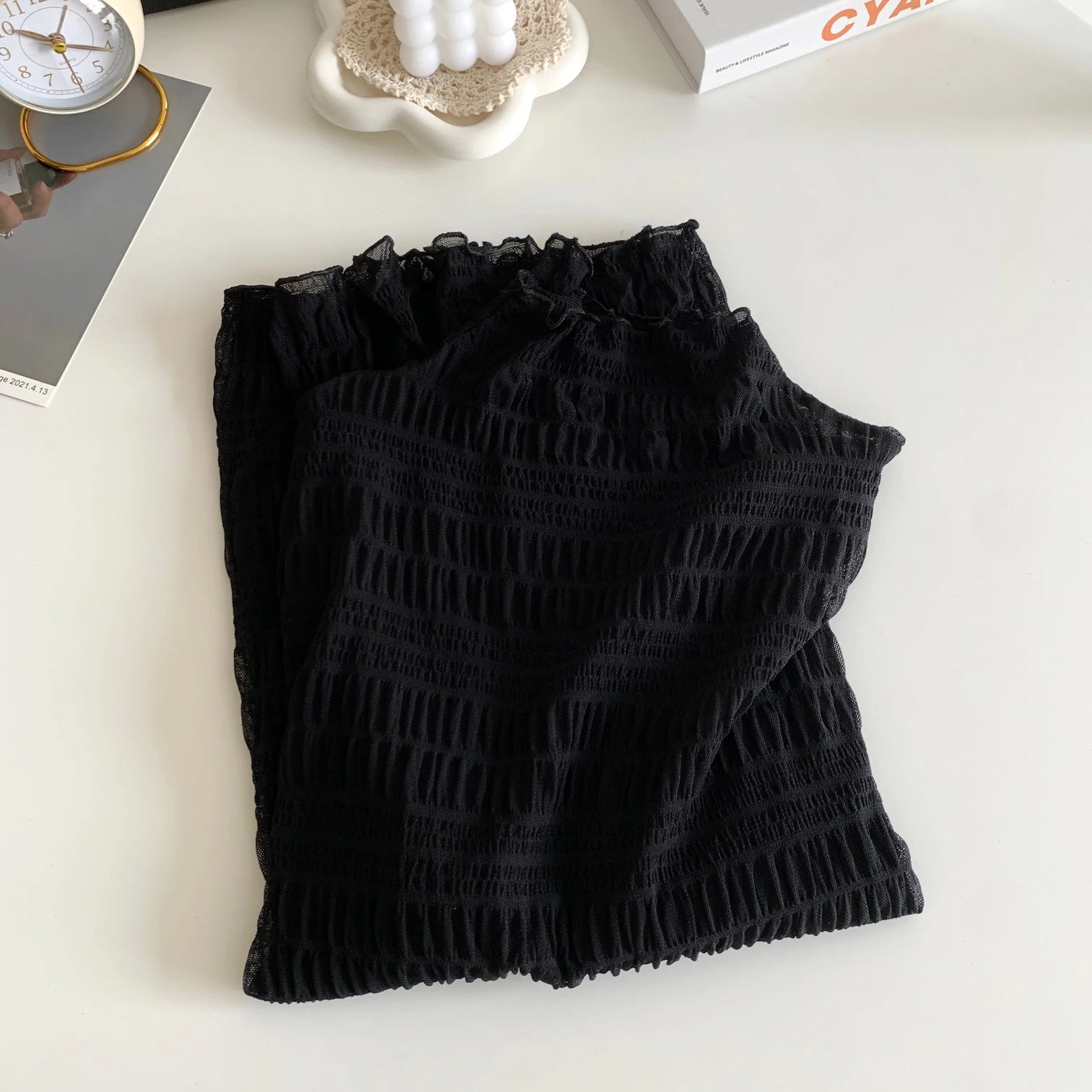 Hnewly Women T-Shirts Vintage Pleat Long SleeveTop Spring Autumn Mesh Fabric Lace Half Turtleneck Korean Fashion All-match Shirt