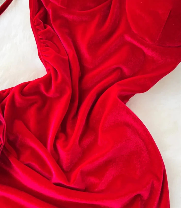 Hnewly DRESS TO IMPRESS French Retro Velvet Dress Ladies Spaghetti Strap Sleeveless 3D Flowers Split Red Evening Party Sexy Dresses