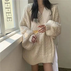Hnewly  Autumn Winter Harajuku Women Sweater Cute Oversized Knitted Pullover Korean Long Sleeve V Neck Sweater Preppy Solid Loose Jumper
