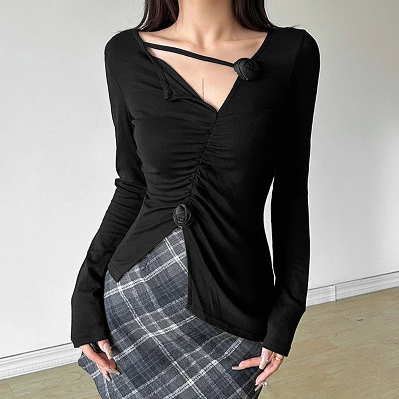Hnewly spring birthday outfit y2k Aesthetic Tops Women Clothing Solid Color 3D Flower V Neck Long Sleeve Asymmetrical Hem T Shirts 2000s Streetwear
