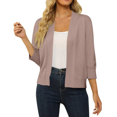 Hnewly  Ladies' Plain Color Simple Classic Style 3/4 Sleeve Cropped Cardigan Sweater Spring Fall Versatile Open Front Lightweight Top