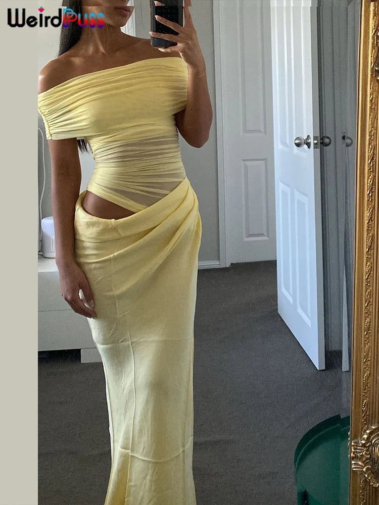 Hnewly  Ruched Irregular Dress Women Mesh Patchwork Slash Neck Short Sleeve Skinny Stretch Trend Elegant Long Bodycon Outfits