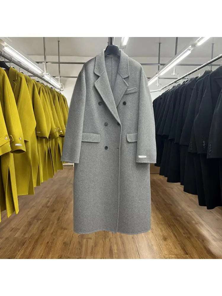 Hnewly Office Lady Suit Collar Long Woolen Jackets Winter Korean Style Double Breasted Long Loose Women 100% Wool Coats