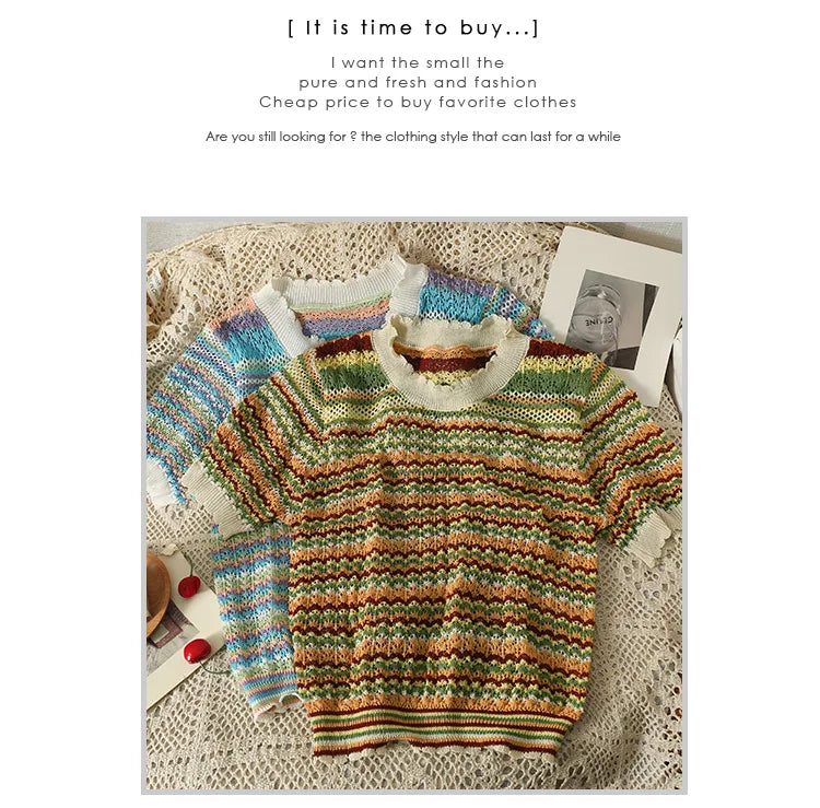 Hnewly Colorful Striped Knitted T Shirt For Women Spring Summer Hollow Out Sexy Streetwear Tops Korean O-Neck Short Pullover Blouses