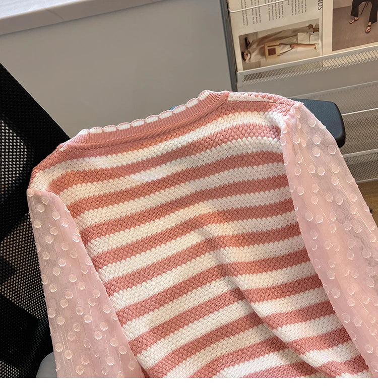 Hnewly  Striped knitted Sweater For Women's Spring Autumn French Elegant Round Neck Long Sleeved Patchwork Chiffon Loose All-Matched Top