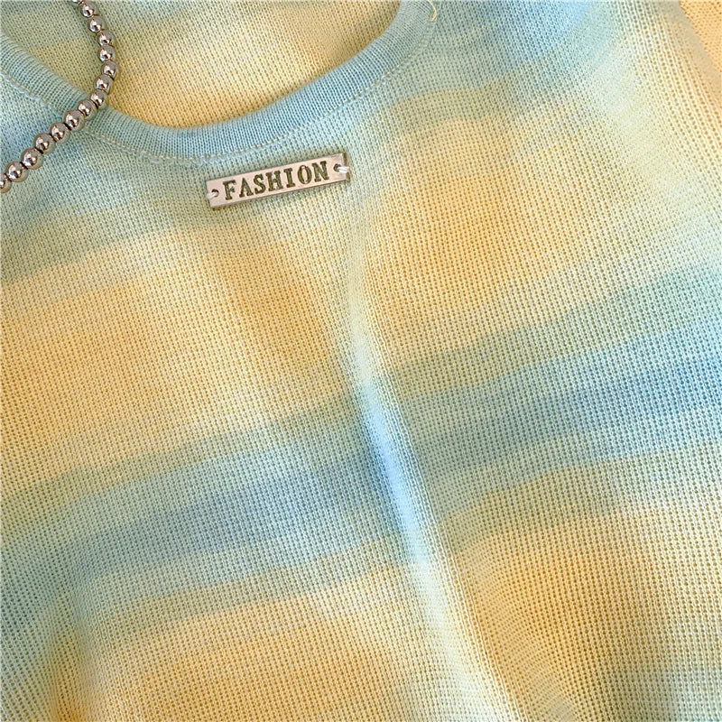 Hnewly  Contrast Striped T-shirt For Women's Summer Knitted Short Sleeved Tee  Cool Girls Fashion High Street Square Collar Short Top