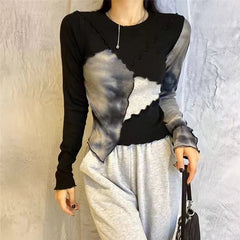 Hnewly Vintage Tie Dye Patchwork T Shirts Women Korean Chic Female Long Sleeve O Neck Tops Y2K Autumn Slim All Match Crop Tees Mujer