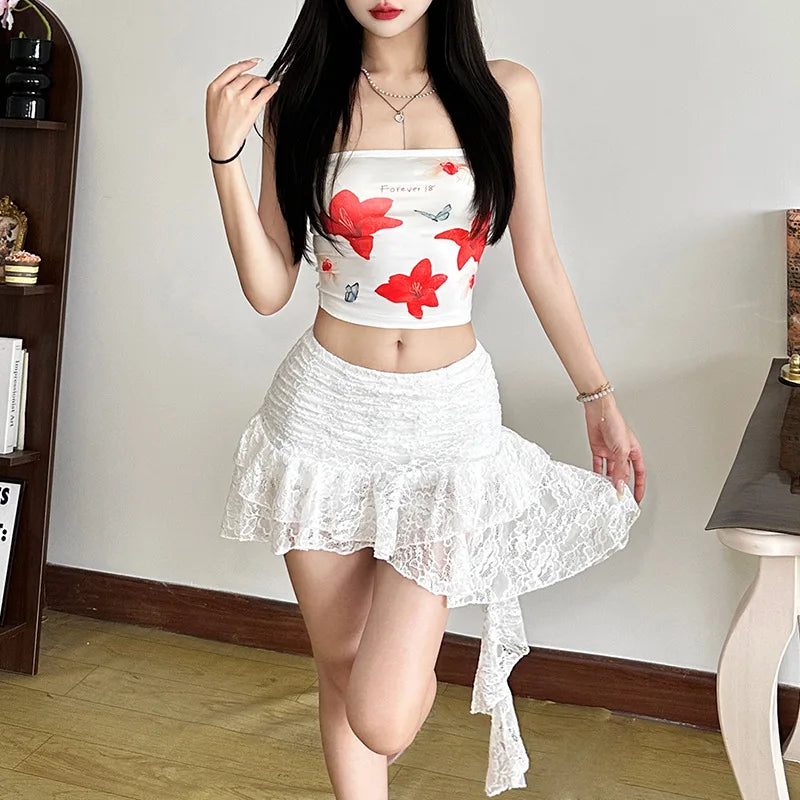 Hnewly Y2K Summer New Arrival Women's Lace Mesh Skirt with High Waist Slim Fit Solid Color Irregular Fashion Skirt