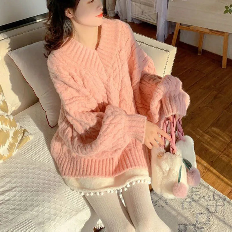 Hnewly Pink Kawaii Oversize Knitwear Sweaters Women Sweet Cute Big Bow Pullovers Autumn Winter Keep Warm Lantern Sleeve V-Neck Sweater