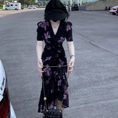 Hnewly  French High-waisted Floral Summer New Irregular Puff Sleeve Printed Dress the dress black dress white dress