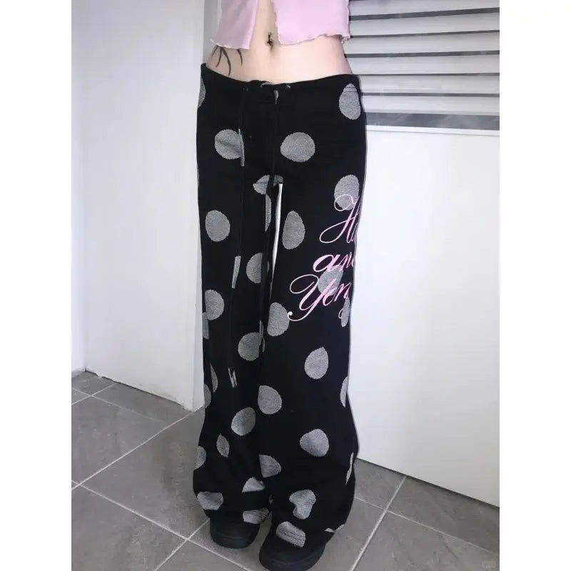 Hnewly  Harajuku Polka Dot Wide Leg Trousers Y2k Aesthetic Women Letter Printing Casual Pants Vintage Grunge Drawstring Loose Pantalones