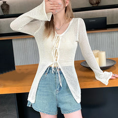 Hnewly  Tie Front Open Knit Cardigan Women Long Sleeve Longline Sweater Jacket Sheer Beach Cover-Up Ladies Boho Vacation Outfit