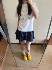 Hnewly  Funny T Shirts Women Cartoon Printed 2025 Summer Fashion Sweet O Neck Short Sleeve Loose Y2k Tops Female Casual Tshirt