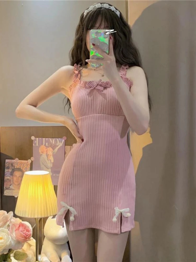 Hnewly Knitted Kawaii Lolita Two Piece Set Women Japanese Cute Sweet Dress Suit Female Korean Bow Pink Dress + Long Sleeve Coat
