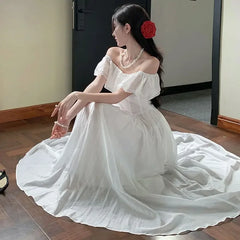 Hnewly  White Summer New Long Waist-Cinching Square-Necked Gown with Flyaway Sleeve One-Shoulder A- Line Skirt Dress for Women