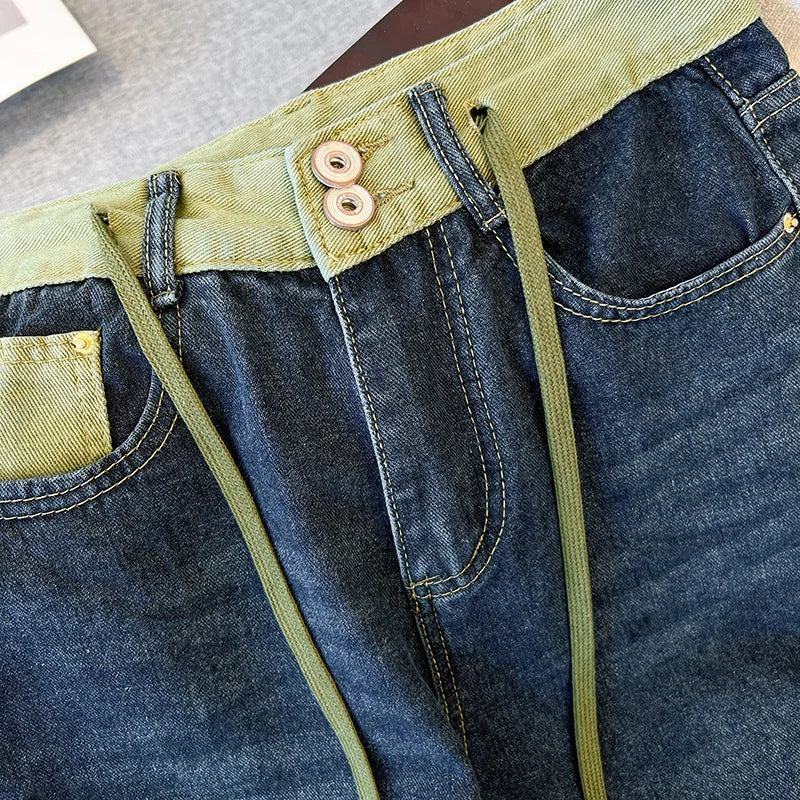 Hnewly  Large Size High Waist Jeans  Women  New Autumn Loose Drawstring Wide Leg Pant Fashion Splice Versatile Straight Leg Denim Pants