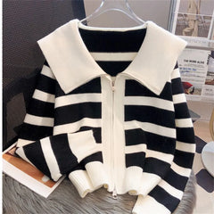Hnewly  Women's Knitted Stripe Sweater Sweet Preppy Style Peter Pan Collar Cardigan Top Spring Autumn 2023 New Zipper Fashion Outwear