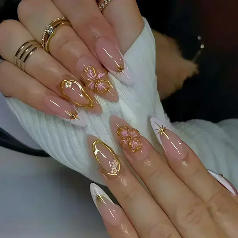 Hnewly 24pcs Detachable Flower Almond bowknot French False Nails Stars Love Glitter Design Press on Nails Fake Nials DIY Manicure Nails