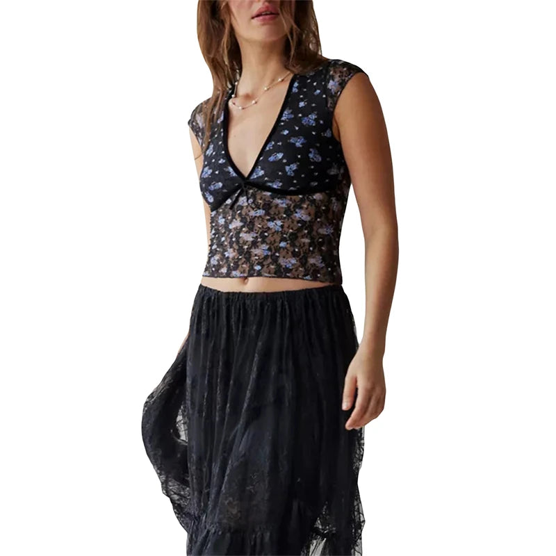 Hnewly Sheer Crop Top 2000s Women Sexy See Through V Neck Sleeveless Floral Lace Tanks Slim Fit Vest y2k Aesthetic Clothing