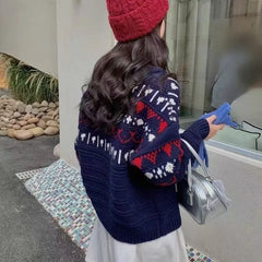 Hnewly  Woman Fair Isle Sweater Polo Collar Button Front Cozy Knit Pullvers Jumper Female Autumn Winter Preppy Vintage Outfit