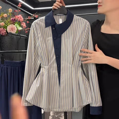 Hnewly  Temperament waist cinching slimming blue striped shirt spring new fat MM fashion contrasting long sleeved shirt