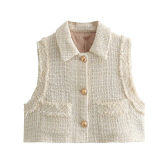 Hnewly  Spring Autumn Tweed Vest Jacket Women's 2024 New Fashion Straight Short Top Elegant Raw Edge  Sleeveless  Chic Street Youth Coat