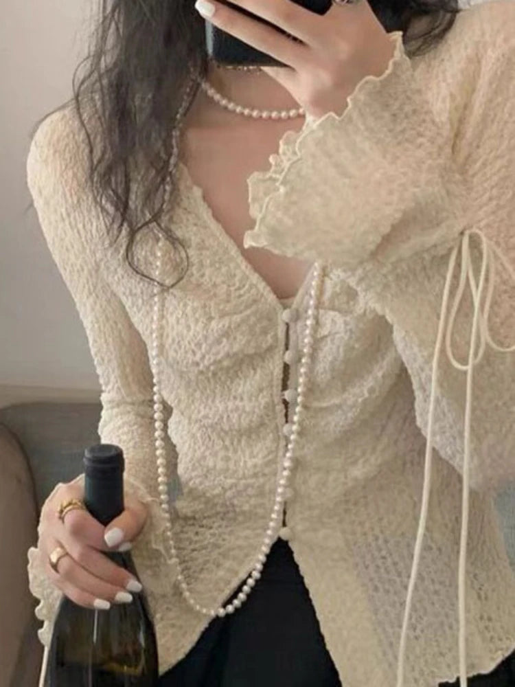 Hnewly Shirts Women Lace-up Sexy Temper Korean Style Simple Personality All-match Leisure New Slim Ladies Spring Delicate Popular Chic