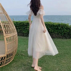Hnewly  Mesh Dress Woman  Summer Low Chest Off Shoulder Lace-Up White Dresses Women Sexy Sweet Spaghetti Strap Dress