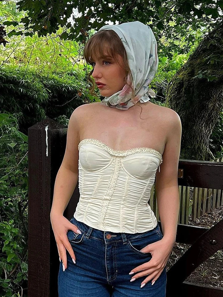 Hnewly   Sexy Ruffles Corset Tops Women Y2K Fake Fishbones Skinny Solid Wrap Summer Trend Street Sweet Daily stretch Tube Tops